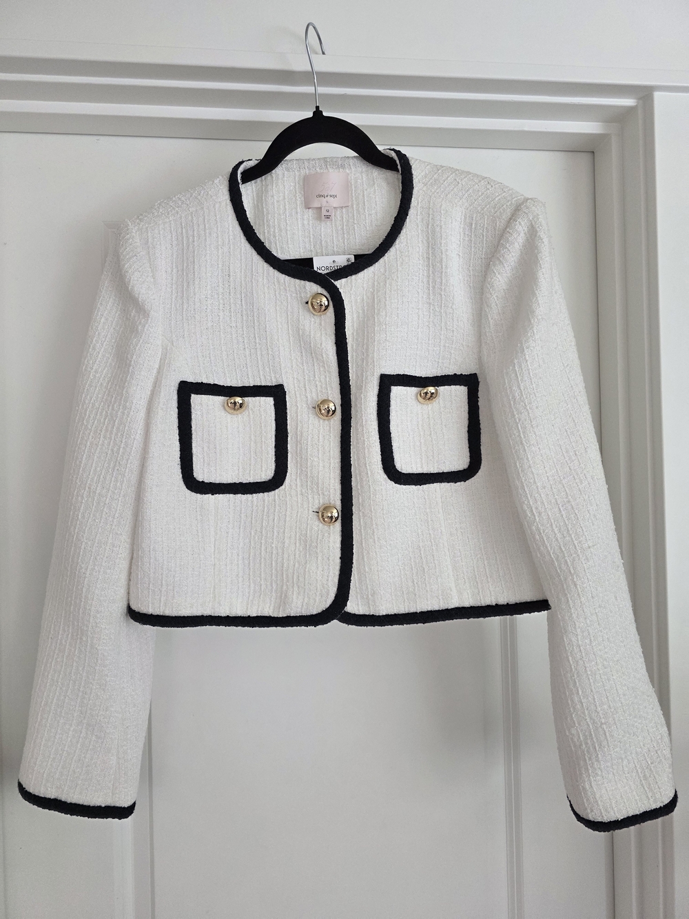 NWT Cinq à Sept Auden Tweed Jacket White Navy Gold Buttons Size 12